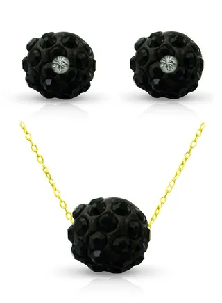18 Karat Solid Yellow Gold Simple 10 mm Crystal Ball Earrings With Pendant Necklace 