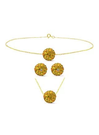 18 Karat Solid Yellow Gold Simple 10 mm Crystal Ball Earrings With Pendant Necklace And Bracelet 