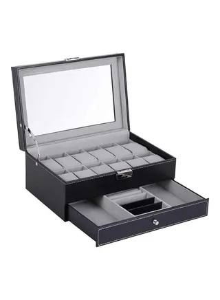 12 Slots PU Leather Case Organizer With Jewelry Drawer For Storage And Display 