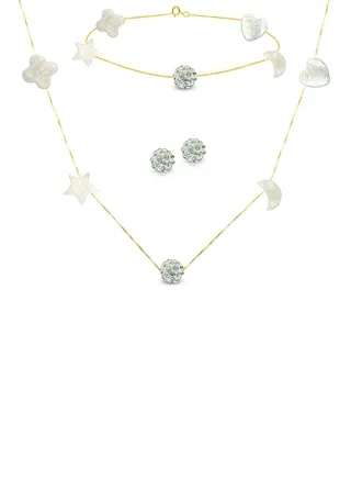 18 Karat Yellow Gold Gradual Built In Mother Of Pearl And Crystal Ball Jewellery Set 