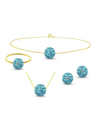18 Karat Solid Yellow Gold Simple 10 mm Crystal Ball Earrings With Pendant Necklace, Bracelet And Ring 