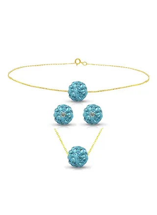 18 Karat Solid Yellow Gold Simple 10 mm Crystal Ball Earrings With Pendant Necklace And Bracelet 