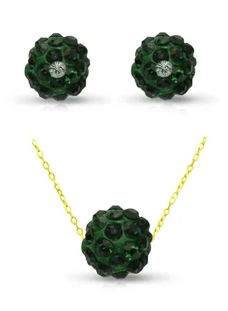 18 Karat Solid Yellow Gold Simple 10 mm Crystal Ball Earrings With Pendant Necklace 