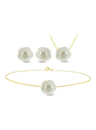 18 Karat Solid Yellow Gold Mother Of Pearl Shell With 4 mm Pearl Jewellery Set 