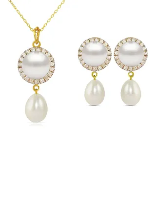 18 Karat Gold 0.30 ct Genuine Diamonds And Pearl 2 Piece Jewellery Set 