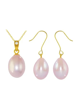 18K Gold Pearl Diamond Pendant Jewellery Set 