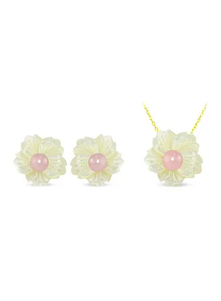 2-Piece18 Karat Solid Yellow Gold 19 mm Flower Shape Mother Of Pearl With 6-7 mm Pearl Jewellery 