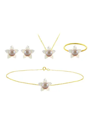 18 Karat Solid Yellow Gold 10 mm Mother Of Pearl Flower Shape With 4 mm Pearl Jewellery Set 