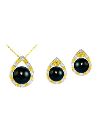2-Piece 18 Karat Solid Gold 0.24 Carat Diamonds With 7 mm Pearl Drop Jewellery 