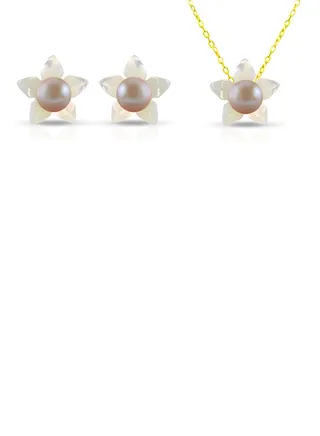 18 Karat Solid Yellow Gold 10 mm Mother Of Pearl Flower Shape With 4 mm Pearl Jewellery Set 