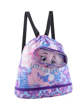 Drawstring Bag Kids Swimming Bag, Waterproof Lightweight String Bag For Outdoor Yoga Gym Swimming Travel with Zippered Pocket Shoe Compartment Sports Gym PE Beach Bag for Girls 