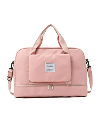 Folding and Expandable Yoga Gym Bag Large Capacity Dry and Wet Separation Bag Sports Hand Shoulder Bag Pink 