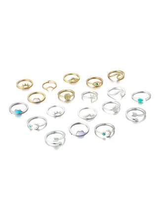 Rings Sets, Boho Retro Stackable Geometric Metal Ring for Teen Girls Women, Peak Sea Wave Compass Turquoise Rhinestone Joint Finger Kunckle Nail Ring Sets (19 Pcs) 