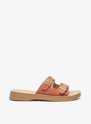 Womens Buckle Accent Slip On Sandals with Dual Straps 