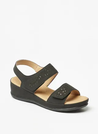 Women Floral Cutwork Detail Sandals with Hook and Loop Closure 