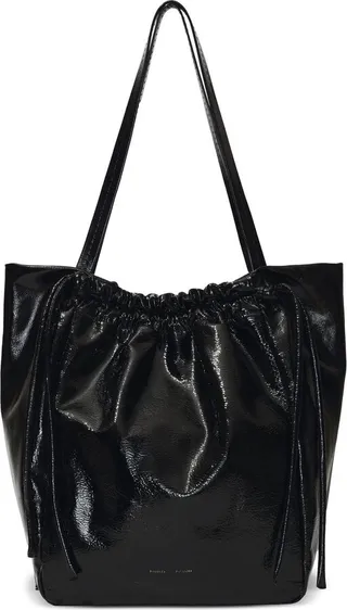 Crinkled Patent Drawstring-Detail Tote Bag