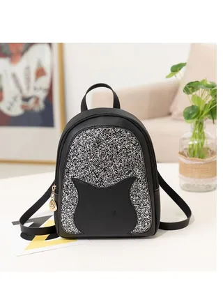 Mini sequin meow patchwork PU backpack 