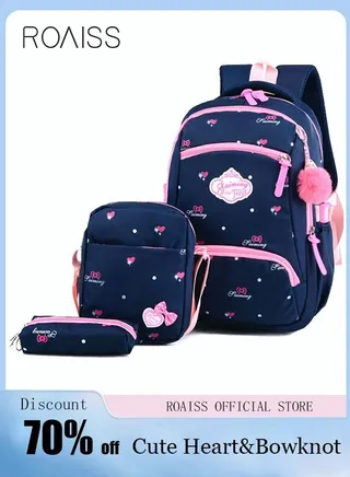 3pcs Heart and Bowknot Printed Graphic Cute Functional Backpack Set Schoolbag and Shoulder Bag and Pencil Case with Doll Pendant for Kids Girls Blue 