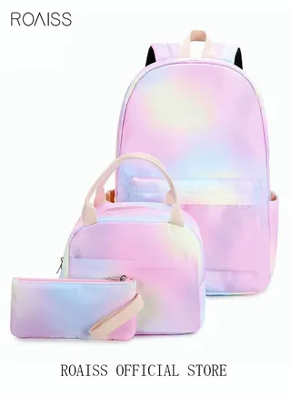 3-Piece School Backpacks for Teen Girls 3 In 1 Rainbow School Bookbags Set Lunch Bag Pencil Case Travel Lightweight Daypack Multicolor 