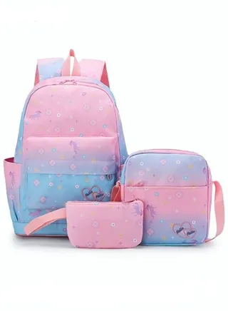 3pcs Printed Graphic Backpack Set Large Capacity Schoolbag and Shoulder Bag and Pencil Case for Kids Pink/Blue 