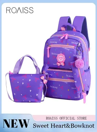 3pcs Heart and Bowknot Printed Graphic Cute Functional Backpack Set Schoolbag and Shoulder Bag and Pencil Case with Doll Pendant for Kids/Girls 