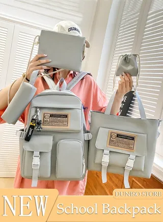 5PCS Kids School Backpack Set Canvas Laptop School Bag Sets for Kids with Tote Bag,Shoulder Bag,Pencil Box,Small Bag ,Large-capacity Bookbag for Girls Boys Back to School Supplies 