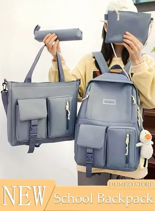 4PCS Kids School Backpack Set,Canvas Laptop School Bag Sets with Tote Bag,Shoulder Bag,Pencil Box,Large-capacity Book Bag for Girls Boys Back to School Supplies 