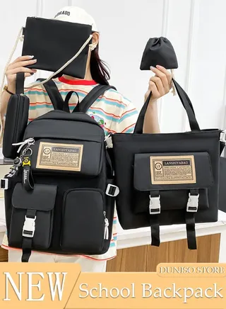 5PCS Kids School Backpack Set Canvas Laptop School Bag Sets for Kids with Tote Bag,Shoulder Bag,Pencil Box,Small Bag ,Large-capacity Bookbag for Girls Boys Back to School Supplies 