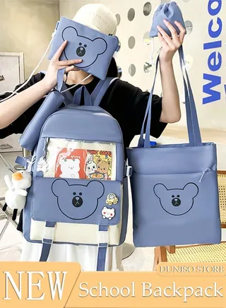 5PCS Kids School Backpack Set Canvas Laptop School Bag Sets for Kids with Tote Bag,Shoulder Bag,Pencil Box,Small Bag ,Large-capacity Bookbag for Girls Boys Back to School Supplies 