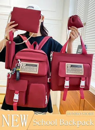 5PCS Kids School Backpack Set Canvas Laptop School Bag Sets for Kids with Tote Bag,Shoulder Bag,Pencil Box,Small Bag ,Large-capacity Bookbag for Girls Boys Back to School Supplies 