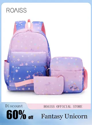 3pcs Printed Graphic Cute Functional Backpack Set Large Capacity Schoolbag and Shoulder Bag and Pencil Case for Kids/Girls Dark Purple/Pink 