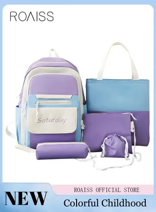 5 Pcs Letter Graphic Colorblock Backpack Set Cute Sweet Large Capacity School Bag Shoulder Totes Pencil Case for Kids Girls Middle School Students Black/Grey 