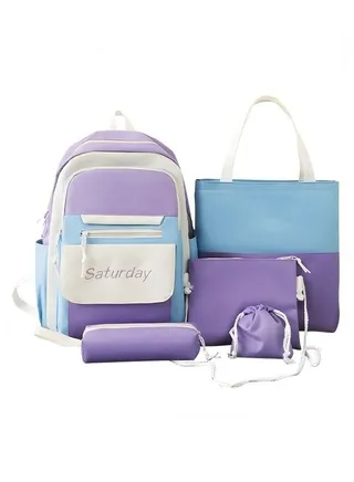 5 Pcs Letter Graphic Colorblock Backpack Set Cute Sweet Large Capacity School Bag for Kids Blue/Purple 