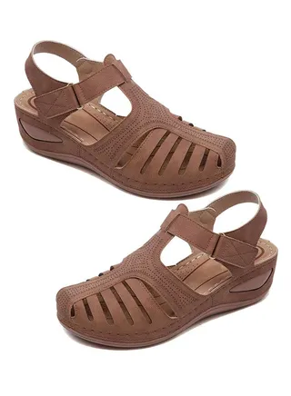 Hollow Cut Wedge Sandals Brown 