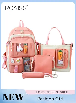 4-Piece Set of Cute Backpack Women's Bag Lightweight Elementary School Students Girls Large Capacity Children's School Bag 