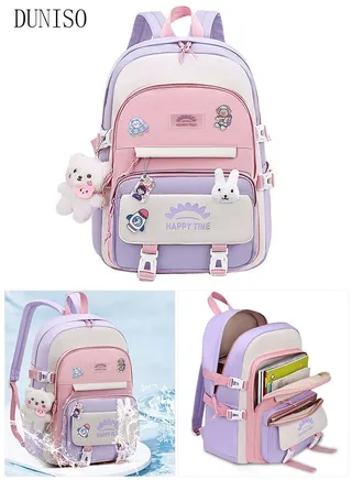 Girl's School Backpack Waterproof Book Bag with Compartments and Doll Pendant for Teen Girl Kid Students Elementary School Kids' School Bag With Large Capacity 