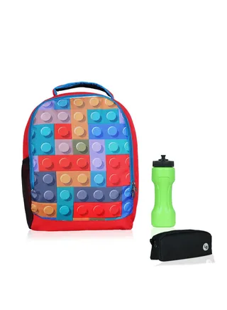 Combo of Printed Polyester Kids Backpack with zip closure Ideal for 4-6 years age group, Plastic Sipper And Polyester Pouch SkyBlue-Red 