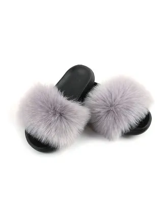 Stylish Women Faux Fur Open Toe Flat Slippers Grey/Black 