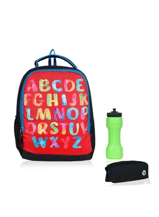 English Alphabet Printed Polyester Kids Backpack with zip closure Ideal for 4-6 years age group, Plastic Sipper And Polyester Pouch Red/Black 