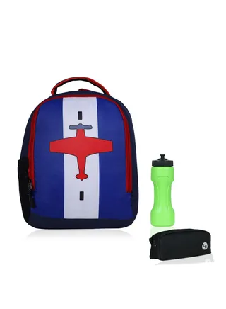 Aeroplane printed Polyester Kids Backpack with zip closure Ideal for 4-6 years age group, Plastic Sipper And Polyester Pouch Multicolour 