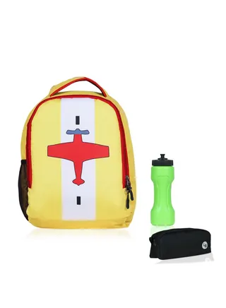 Aeroplane printed Polyester Kids Backpack with zip closure Ideal for 4-6 years age group, Plastic Sipper And Polyester Pouch Yellow 