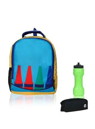 Polyester Kids Backpack with zip closure Ideal for 4-6 years age group, Plastic Sipper And Polyester Pouch Sky Blue/Black/Green 