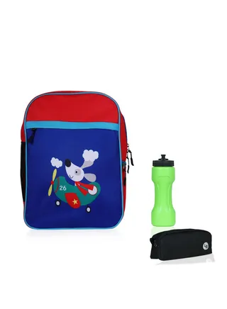 Combo of Animal Printed Polyester Kids Backpack with zip closure Ideal for 4-6 years age group, Plastic Sipper And Polyester Pouch Navy-Red 