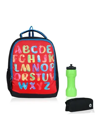 English Alphabet Printed Polyester Kids Backpack with zip closure Ideal for 6-8 years age group, Plastic Sipper And Polyester Pouch Multicolour 