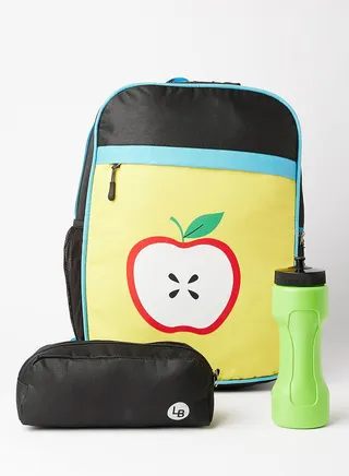 Apple Printed Polyester Kids Backpack with zip closure Ideal for 6-8 years age group, Plastic Sipper And Polyester Pouch Yellow/Black/Green 