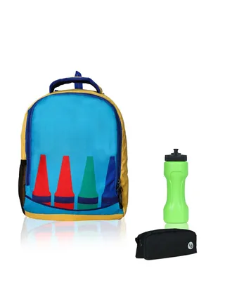 Polyester Kids Backpack with zip closure Ideal for 6-8 years age group, Plastic Sipper And Polyester Pouch SkyBlue-Yellow 