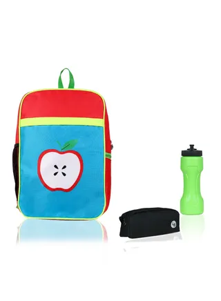 Apple Printed Polyester Kids Backpack with zip closure Ideal for 4-6 years age group, Plastic Sipper And Polyester Pouch SkyBlue-Red 
