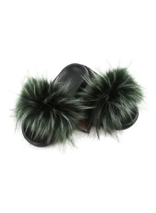 Fashion Women Long Faux Raccoon Fur Anti-slip EVA Slippers Green/Black 