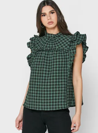 Ruffle Detail Checked Top