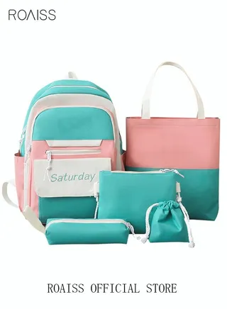 Letter Graphic Colorblock Backpack Set Large Capacity School Bags Shoulder Sweet Totes Pencil Case for Kids Girls Middle School Students 